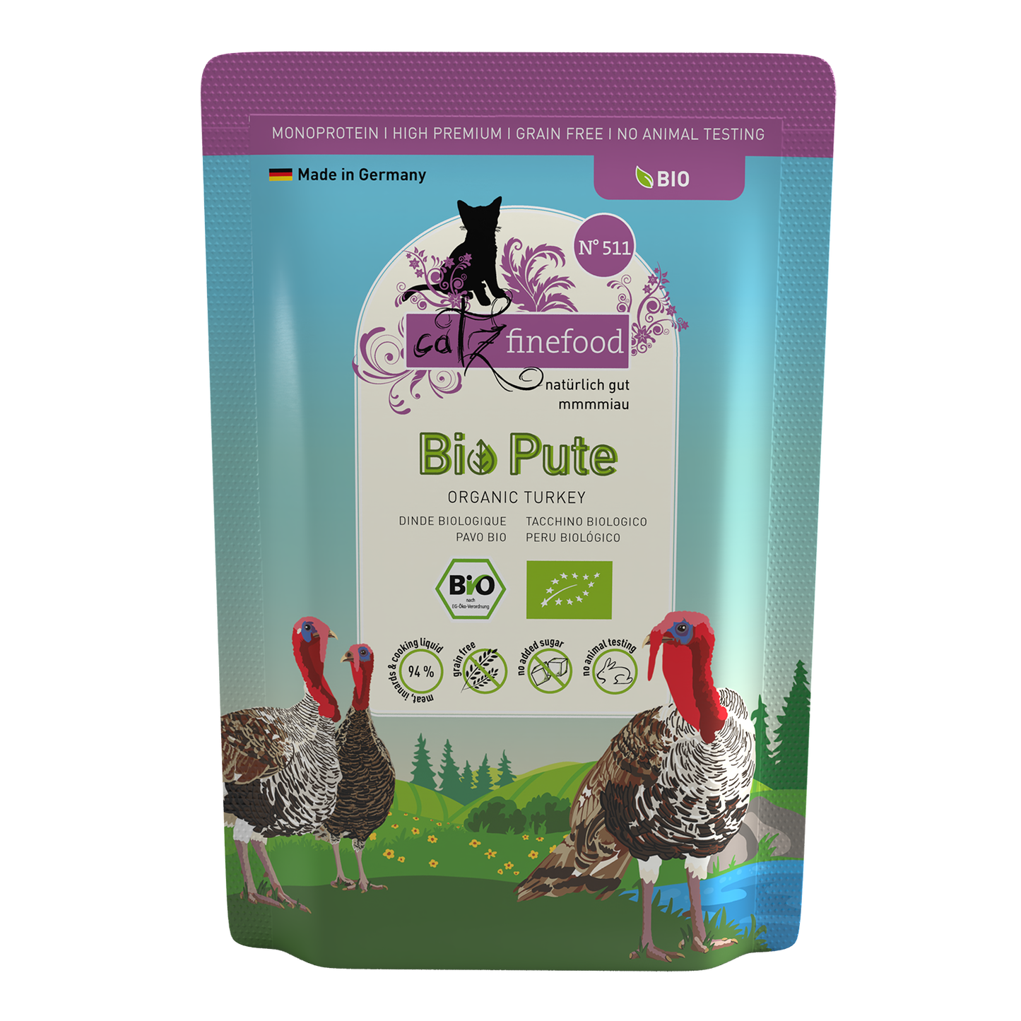 Catz Finefood Organic Turkey Grain Free Kitten & Adult БИО храна за котки с 94% Пуешко месо 85г пауч