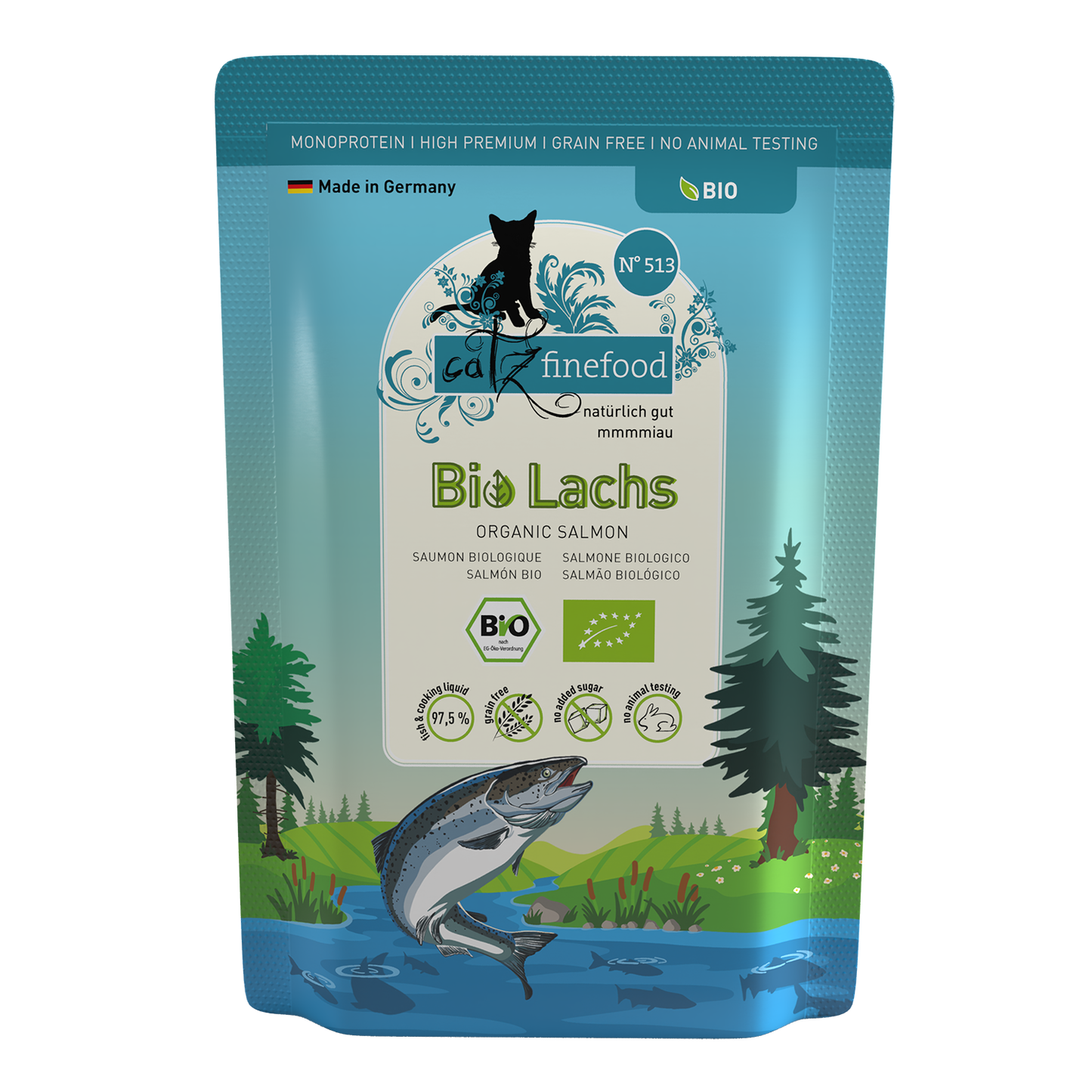 Catz Finefood Organic Salmon Grain Free Kitten & Adult БИО храна за котки с 97,5% Сьомга 85г пауч