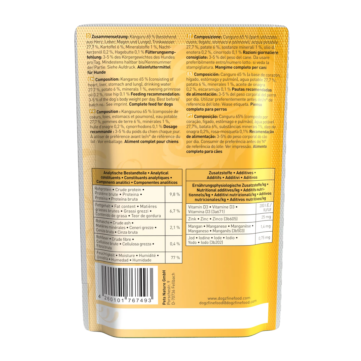 Dogz Finefood Classic Kangaroo Grain Free Monoprotein Puppy & Adult пауч за подрастващи и възрастни кучета без зърно, монопротеин с 65% месо от Кенгуру 100г