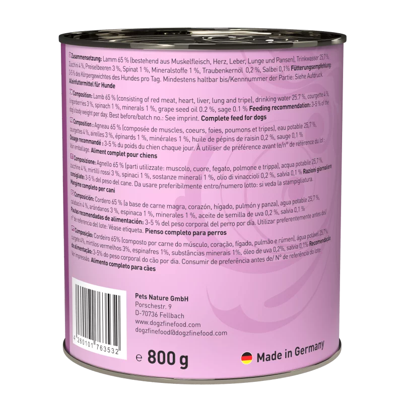 Dogz Finefood Lamb Monoprotein Grain Free Puppy & Adult висококачествена монопротеинова храна за кучета от всички породи с Агнешко месо 800г