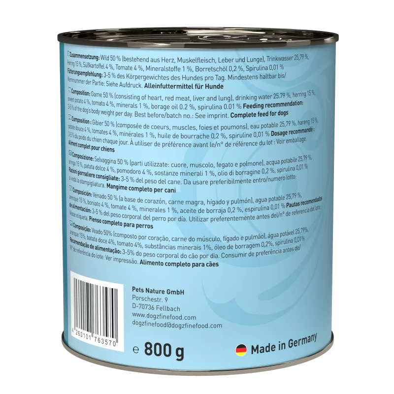 Dogz Finefood Game & Herring Grain Free Puppy & Adult висококачествена храна за кучета от всички породи с Еленско месо и Херинга 800г