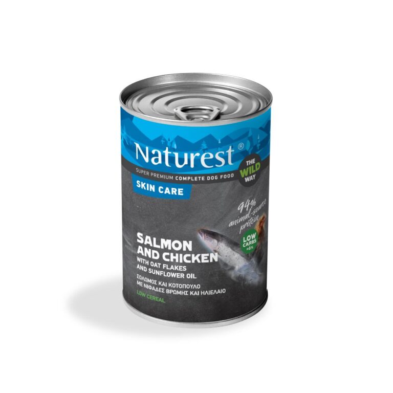 Naturest Salmon & Chicken Skin Care мокра храна за кучета за здрава кожа и козина със Сьомга, Пилешко и Овесени ядки 400г