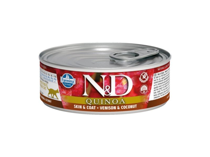 N&D Quinoa Skin&Coat Adult храна за котки с Еленско и Кокос 80г конс.