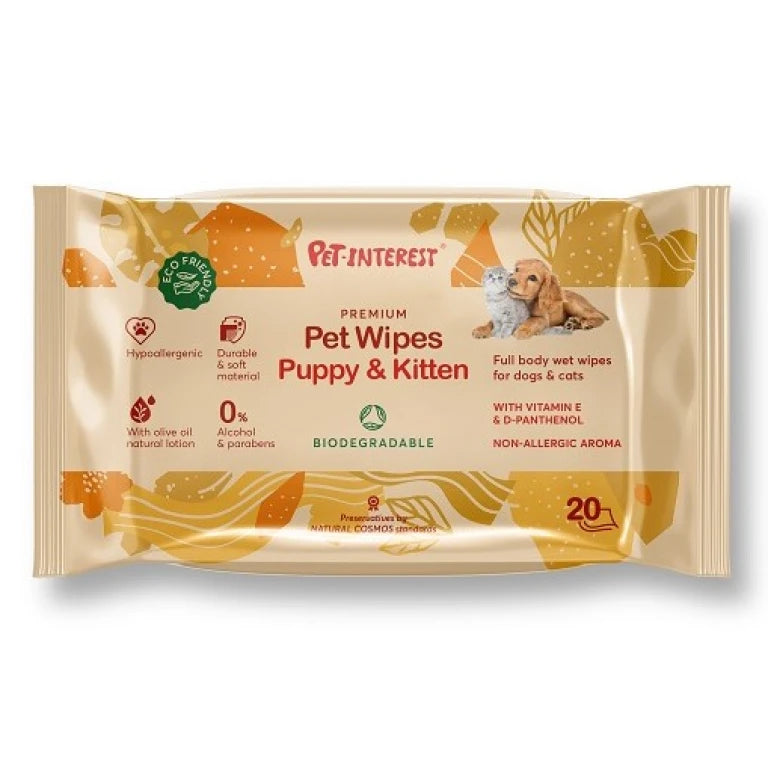 Pet Interest Premium Pet Wipes Puppy and Kitten мокри кърпи биоразградими за подрастващи кучета и котета 20бр