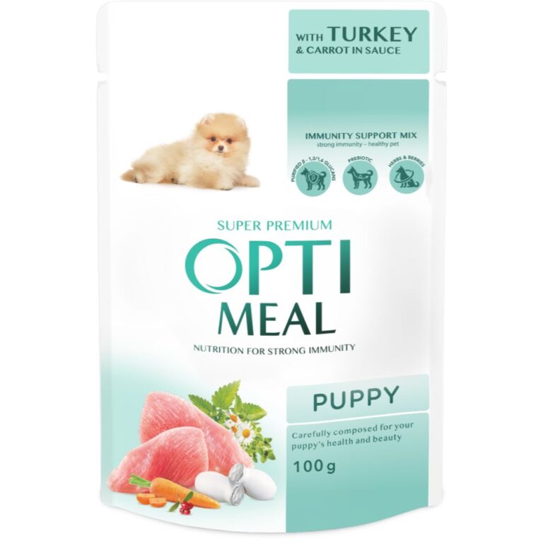 OptiMeal Turkey & Carrot in Sauce Puppy мокра храна за подрастващи кученца с Пуешко и Моркови в сос 100г пауч