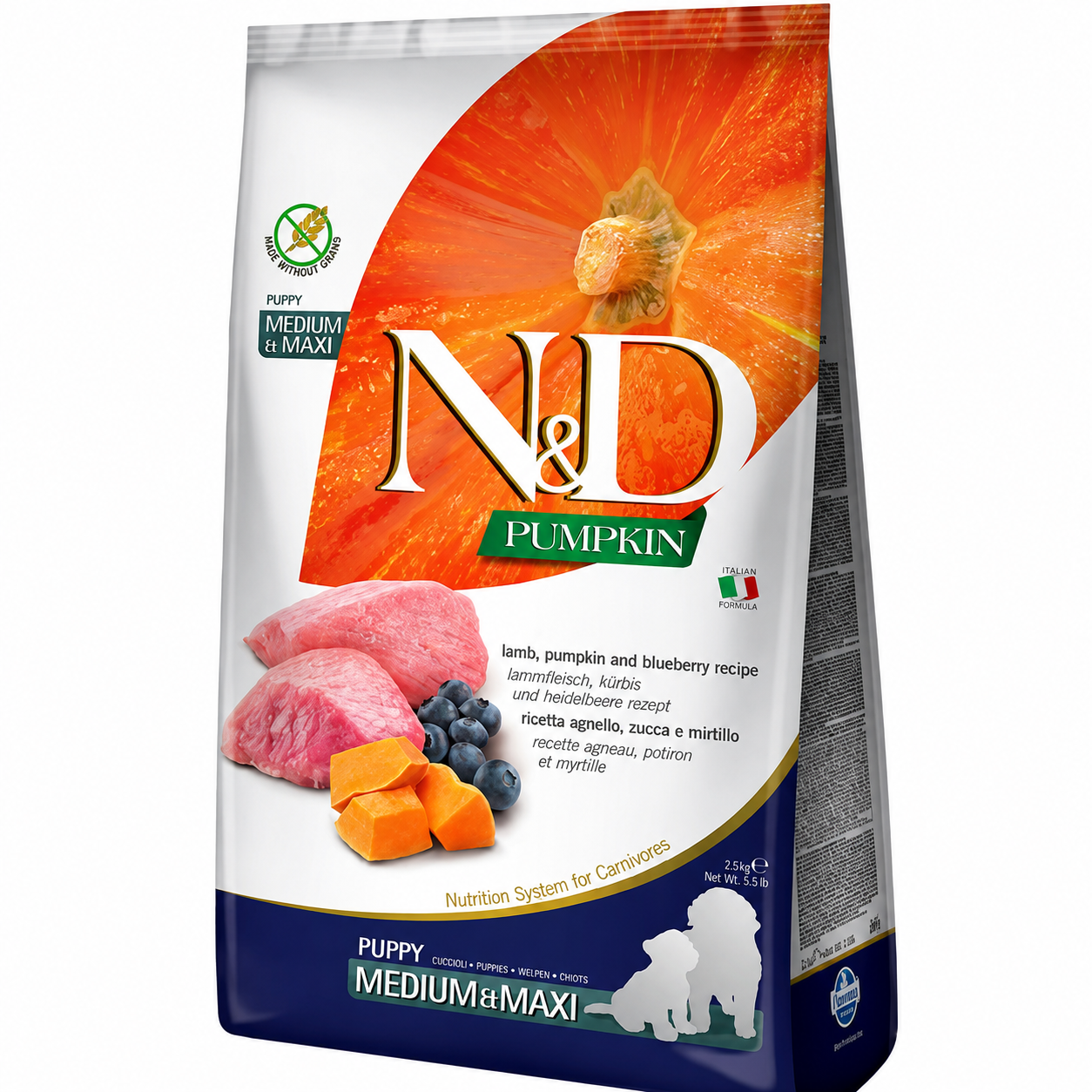 N&D Pumpkin Lamb & Blueberry Medium/Maxi Puppy храна за подрастващи кученца от средни и едри породи с Агнешко, Тиква и Боровинки 2,5кг