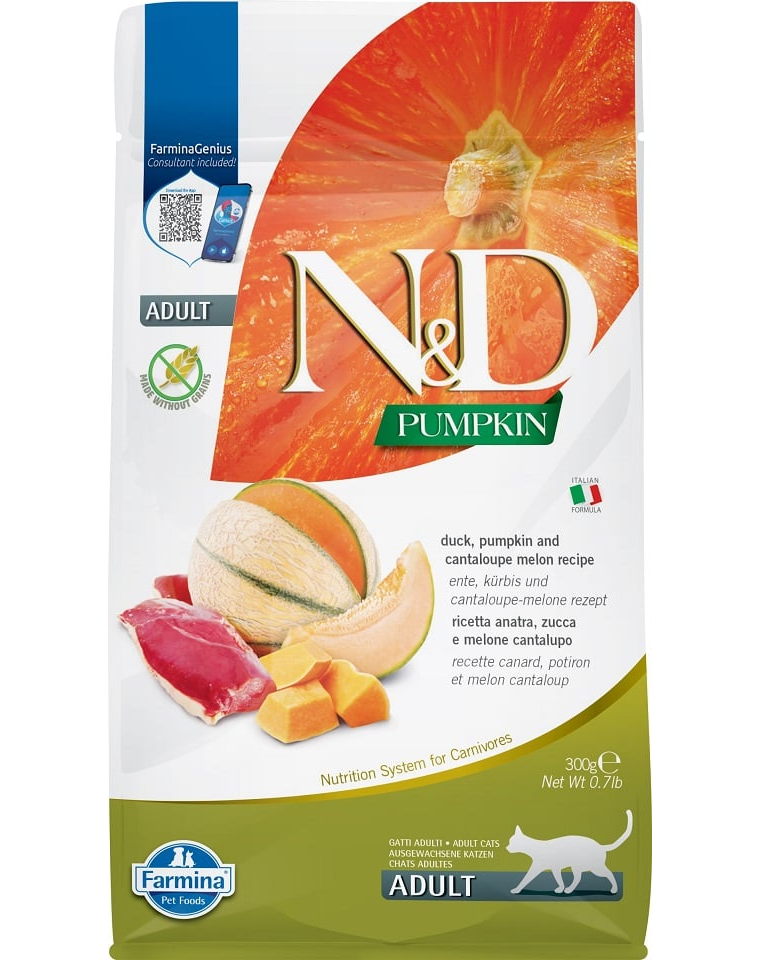 N&D Pumpkin Duck храна за котки с Патешко, Тиква и Пъпеш Adult 300г