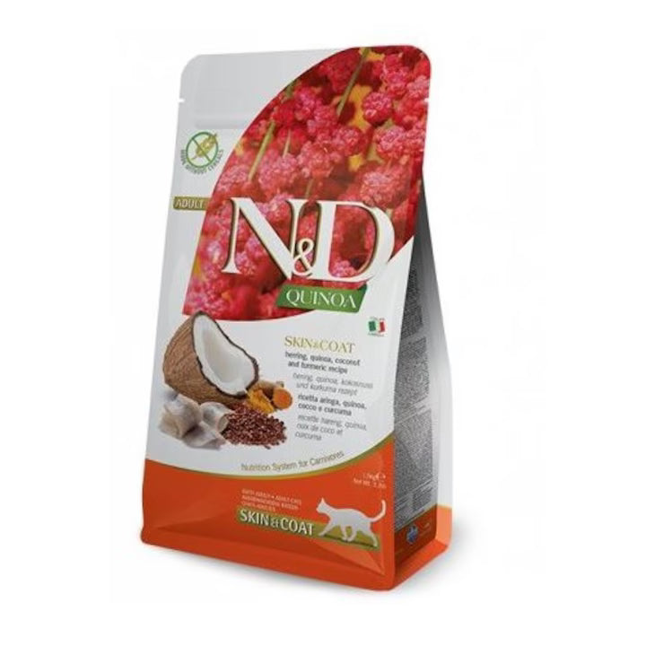 N&D Quinoa Skin & Coat Adult храна за котки с Херинга, Кокос и Куркума 300г