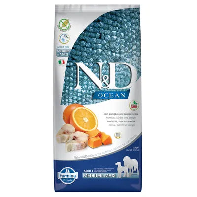 N&D Ocean Cod Pumpkin & Orange Grain Free Medium/Maxi Adult храна за кучета от средни и големи породи с Риба Треска, Тиква и Портокал 12кг