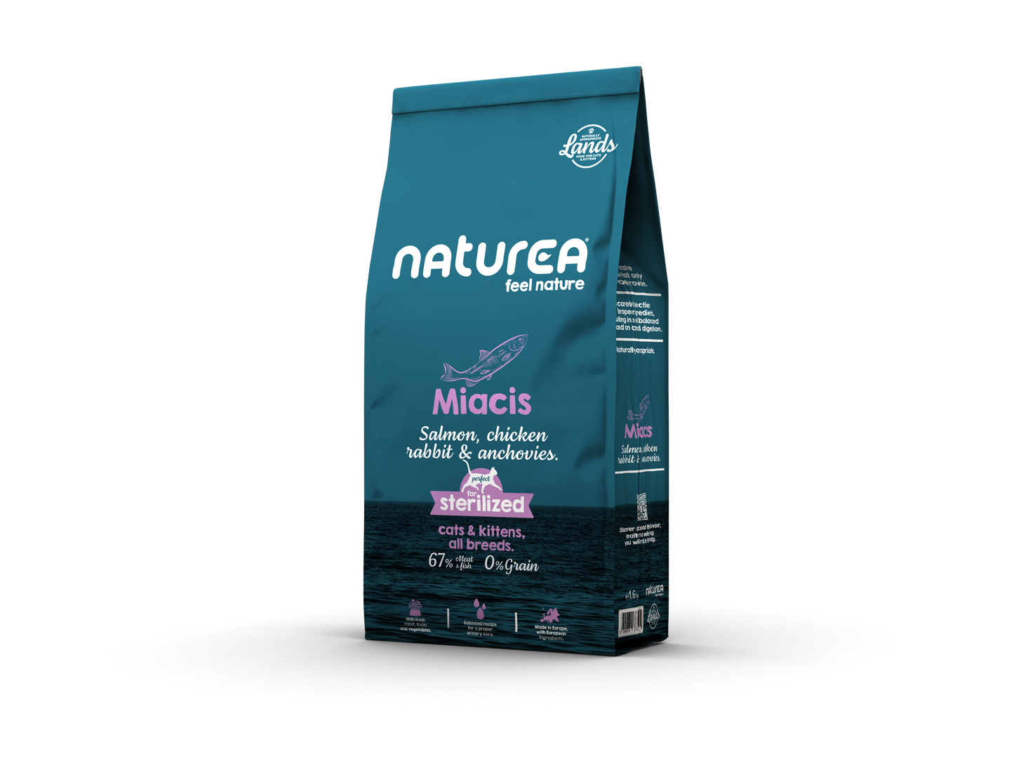 Naturea Lands Miacis Grain free супер премиум храна за котки със Сьомга, Пиле, Заек и Сардини 1,6кг