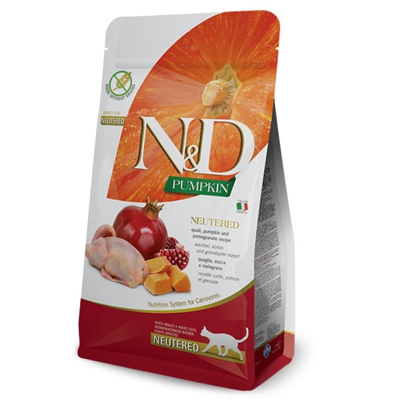 N&D Pumpkin Quail & Pomegranate Grain Free Neutered Adult храна за кастрирани котки с Пъдпъдък Тиква и Нар 300г
