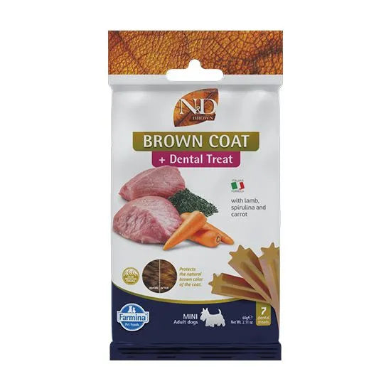 N&D Brown Coat Dental Treat Lamb, Carrot & Spirulina Mini Adult дентално лакомство за кучета с кафява козина с Агнешко, Моркови и Спирулина 60г