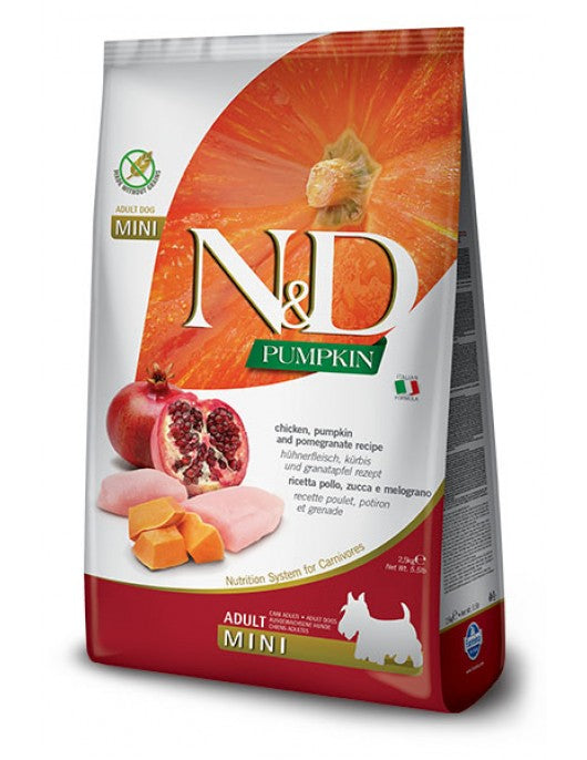N&D Pumpkin Chicken & Pomegranate Adult Mini храна за израснали кучета от дребни породи с Пилешко, Тиква и Нар 800г