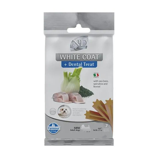 N&D White Coat Dental Treat Sea Bass, Fennel & Spirulina Mini Adult дентално лакомство за кучета с бяла козина с Лаврак, Фенел и Спирулина 60г