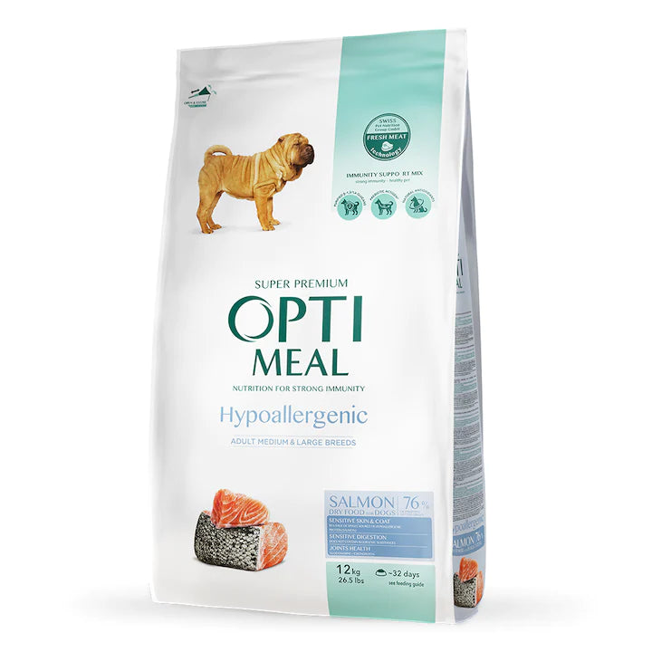 OptiMeal Salmon Hypoallergenic Medium & Large Breed Adult храна за кучета от средни и големи породи със Сьомга 12кг