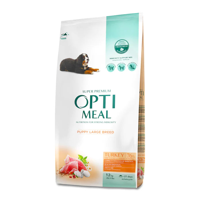 OptiMeal Turkey Large Breed Puppy храна за подрастващи кученца от големи породи с Пуешко 12кг