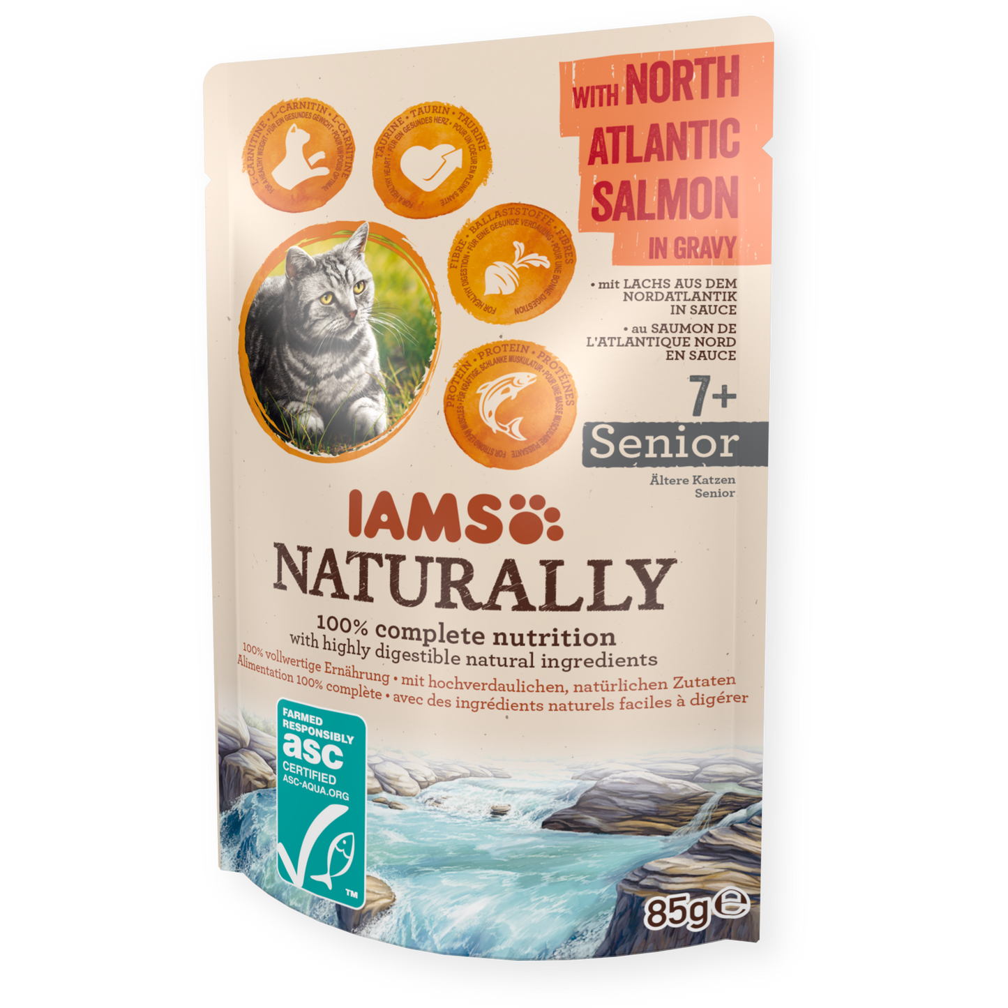 Iams Naturally Senior храна за възрастни котки със Северноатлантическа Сьомга 85г пауч