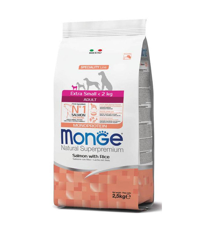 Monge Natural Salmon & Rice Monoprotein Adult Extra Small храна за кучета от мини породи със Сьомга и Oриз 800г