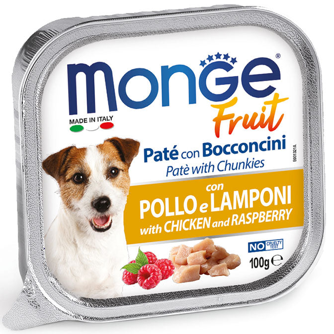 Monge Fruit Pate with Chunkies Chicken & Raspberry Adult пастет с парченца за кучета с Пилешко и Малини 12броя х 100г