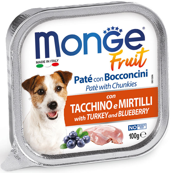 Monge Fruit Pate with Chunkies Turkey & Blueberry Adult пастет с парченца за кучета с Пуешко и Боровинки 12броя х 100г