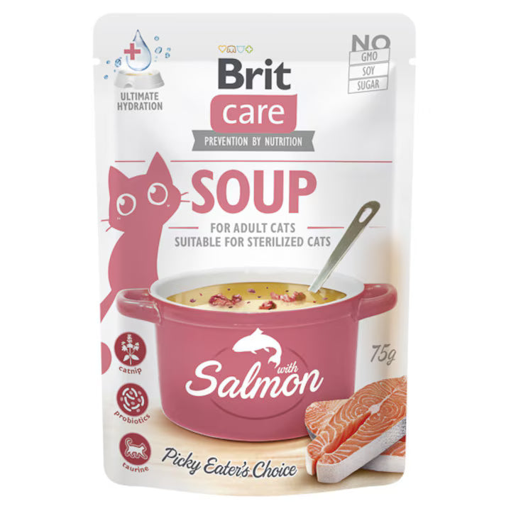 Brit Care Soup Salmon Grain Free Adult супа за възрастни и кастрирани котки с Пилешко и Сьомга 75г пауч
