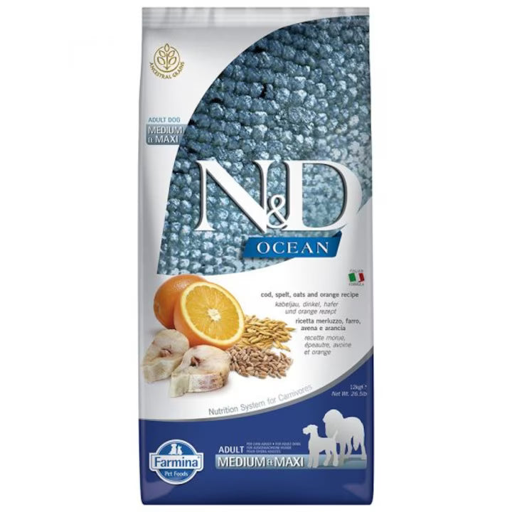 N&D Pumpkin Ocean Medium/Maxi Adult храна за кучета от големи и средни породи с Риба Треска, Тиква и Портокал 12кг