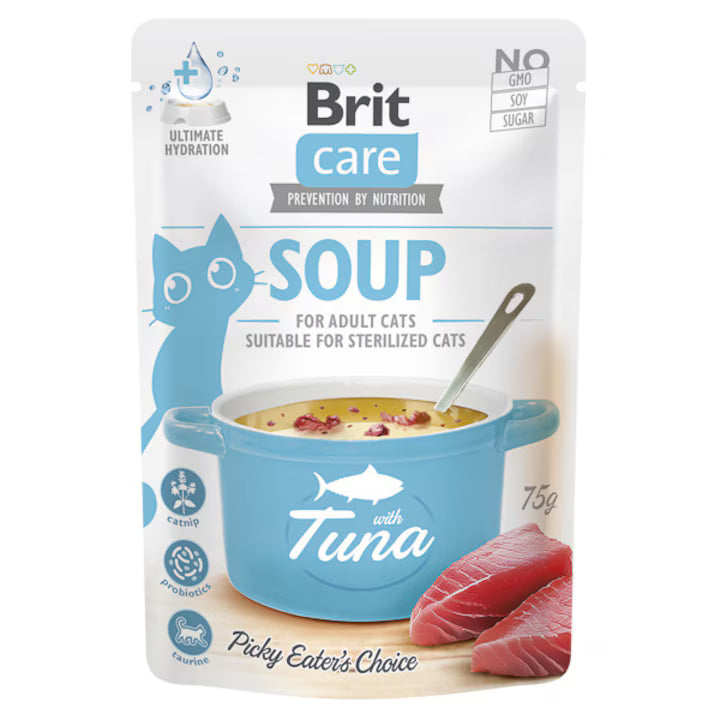 Brit Care Soup Tuna Grain Free Adult супа за възрастни и кастрирани котки с Пилешко и Риба тон 75г пауч