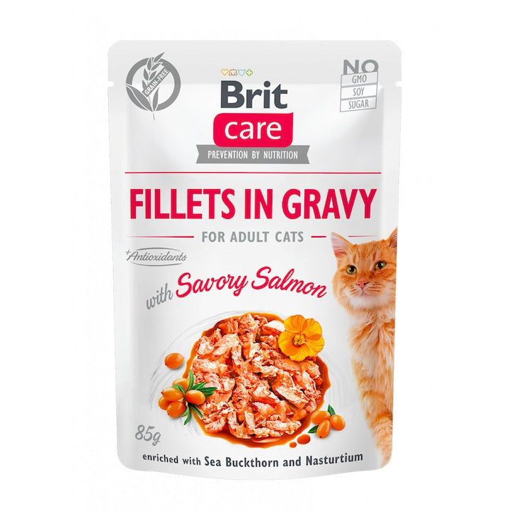 Brit Care Salmon Grain Free Adult мокра храна за възрастни котки с Пилешко и Сьомга в сос 85г пауч