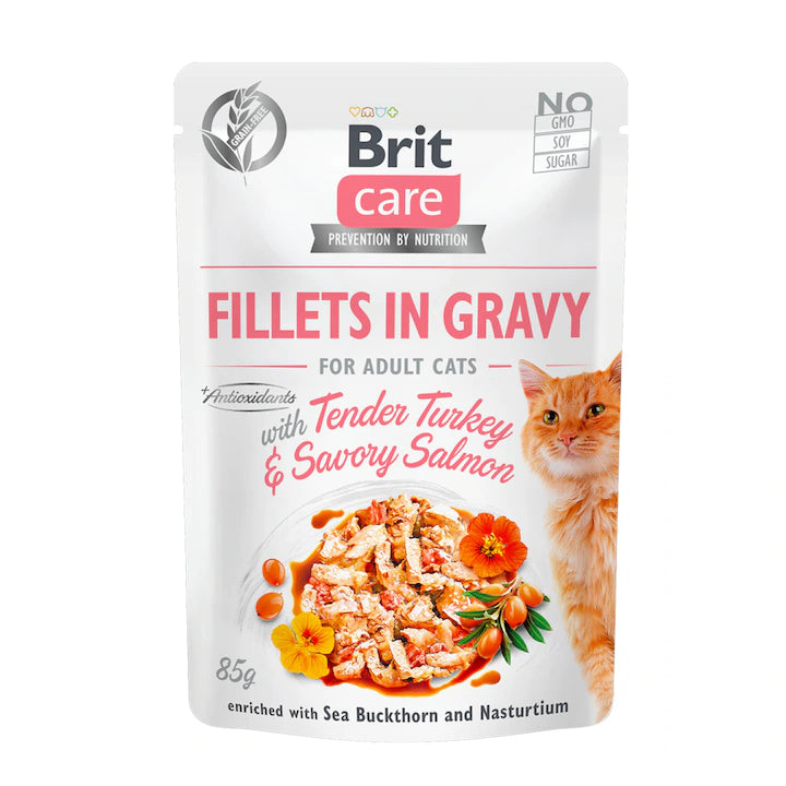 Brit Care Turkey & Salmon Grain Free Adult мокра храна за възрастни котки с Пилешко, Пуешко и Сьомга в сос 85г пауч