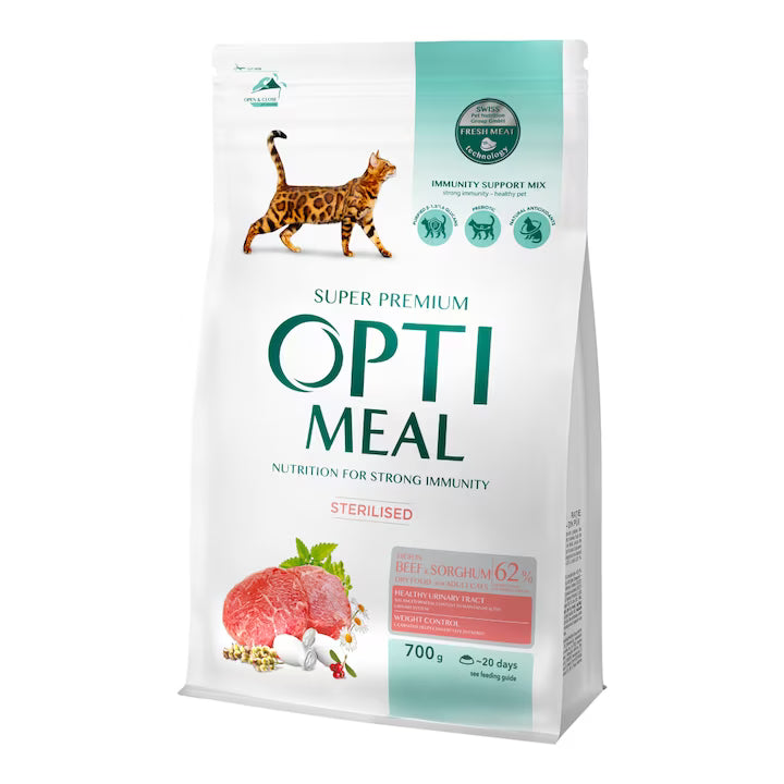 OptiMeal Beef & Sorghum Sterilised Adult храна за кастрирани котки с Телешко и Сорго 700г