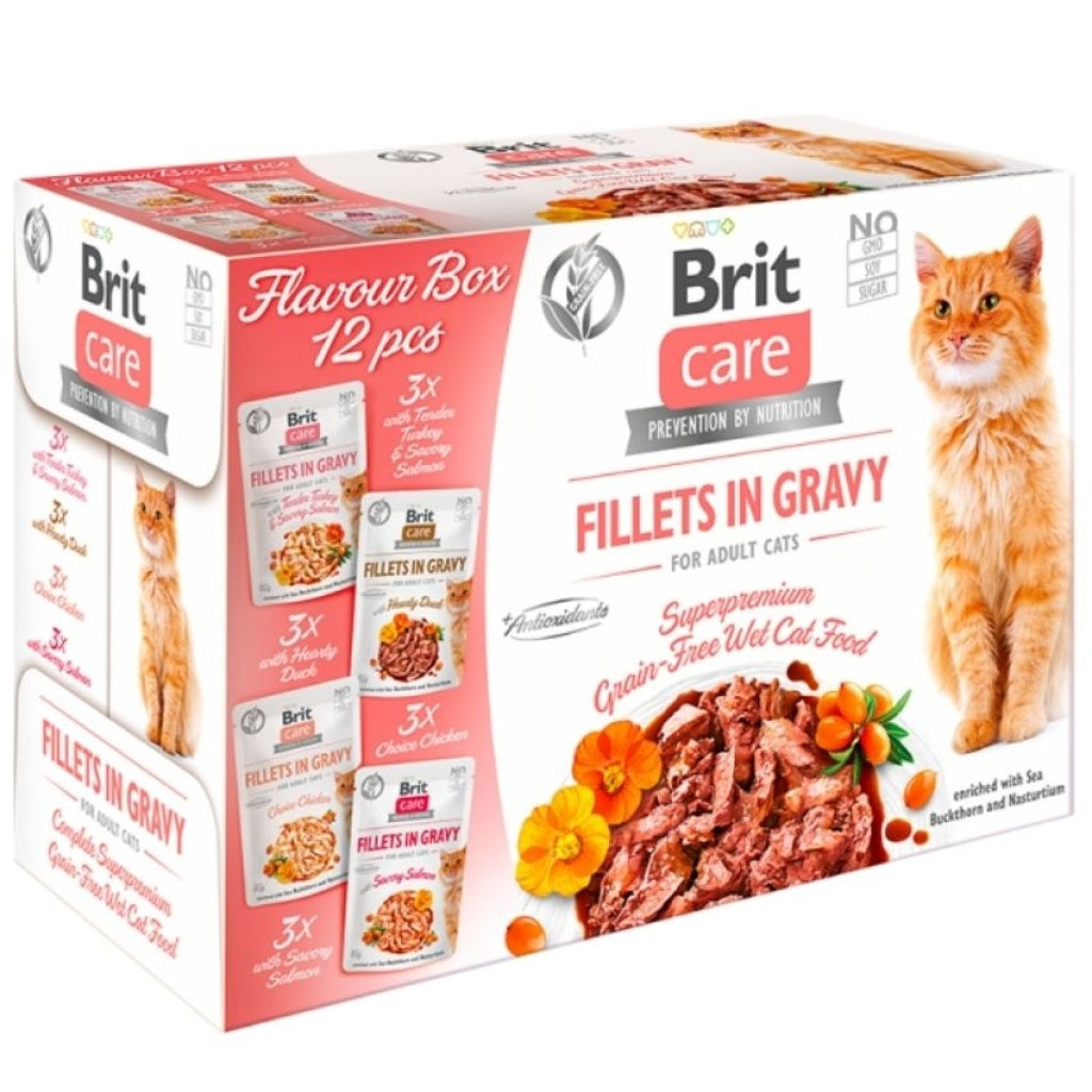 Brit Care Fillets in Gravy Grain Free Adult мокра храна за котки селекция от птичи и рибни филенца в сос грейви 12 броя х 85г пауч