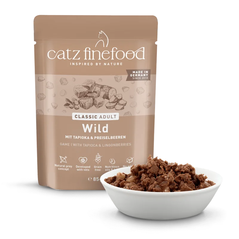 Catz Finefood 70% Game Grain Free Adult храна за котки със 70% Еленско месо, Боровинки 85г пауч