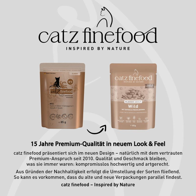 Catz Finefood 70% Game Grain Free Adult храна за котки със 70% Еленско месо, Боровинки 85г пауч