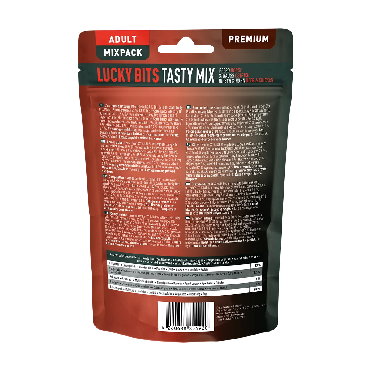 Chewies Lucky Bits Tasty Mix Adult беззърнено меко лакомство за кучета в зряла възраст с над 80% месо 100г