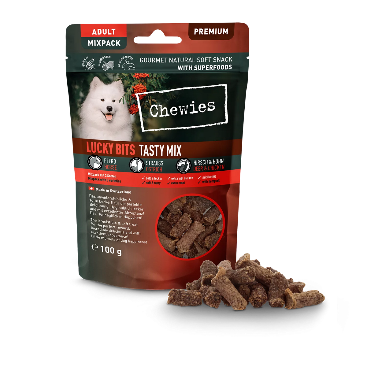 Chewies Lucky Bits Tasty Mix Adult беззърнено меко лакомство за кучета в зряла възраст с над 80% месо 100г