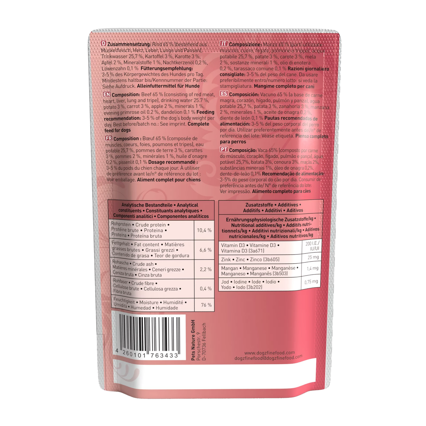 Dogz Finefood Classic Beef Gourmet Grain Free Monoprotein Puppy & Adult монопротеинова мокра храна за кучета с 65% Говеждо, Картофи, Моркови и Ябълки 100г пауч