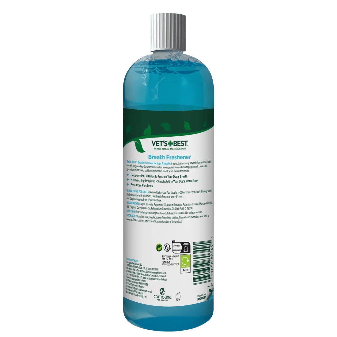 Vet's Best Breath Freshener вода за уста за кучета за свеж дъх с мента, карамфил и здравец 500мл