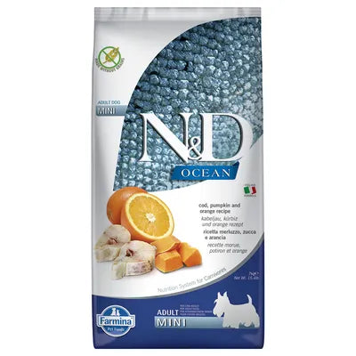 N&D Ocean Pumpkin & Orange Grain Free Mini Adult суха храна за кучета от дребни породи с Риба Треска, Тиква и Портокал 7кг