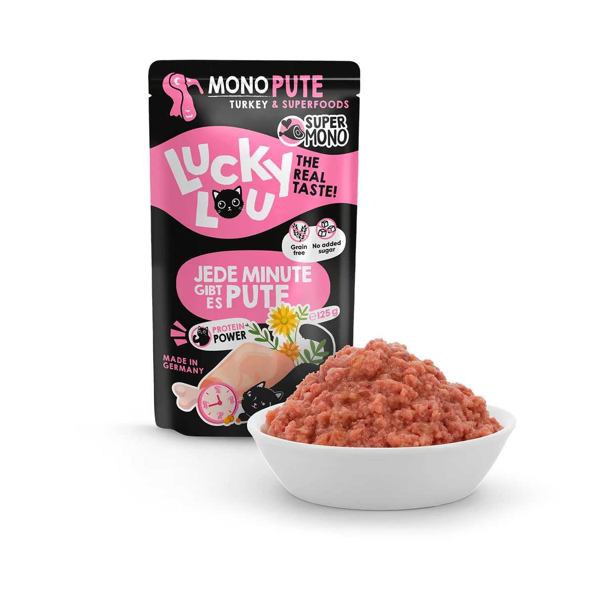 Lucky Lou SuperMono² Turkey Grain Free Adult пауч за котки без зърно, монопротеин с 65% Пуешко месо и Суперхрани 125г