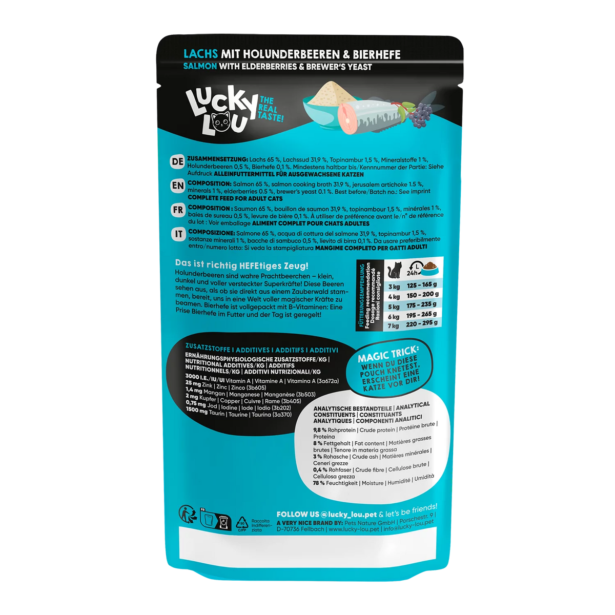 Lucky Lou SuperMono² Salmon Grain Free Adult пауч за котки без зърно, монопротеин с 65% Сьомга и Суперхрани 125г