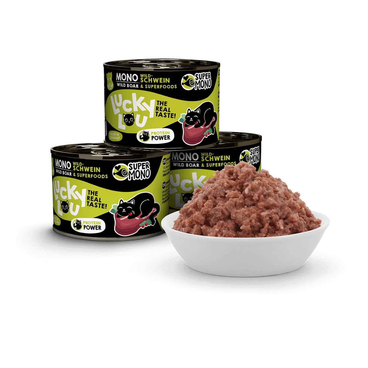 Lucky Lou SuperMono² Wild Boar Grain Free Adult беззърнена монопротеинова мокра храна за котки с 65% месо от Диво прасе и Суперхрани 200г