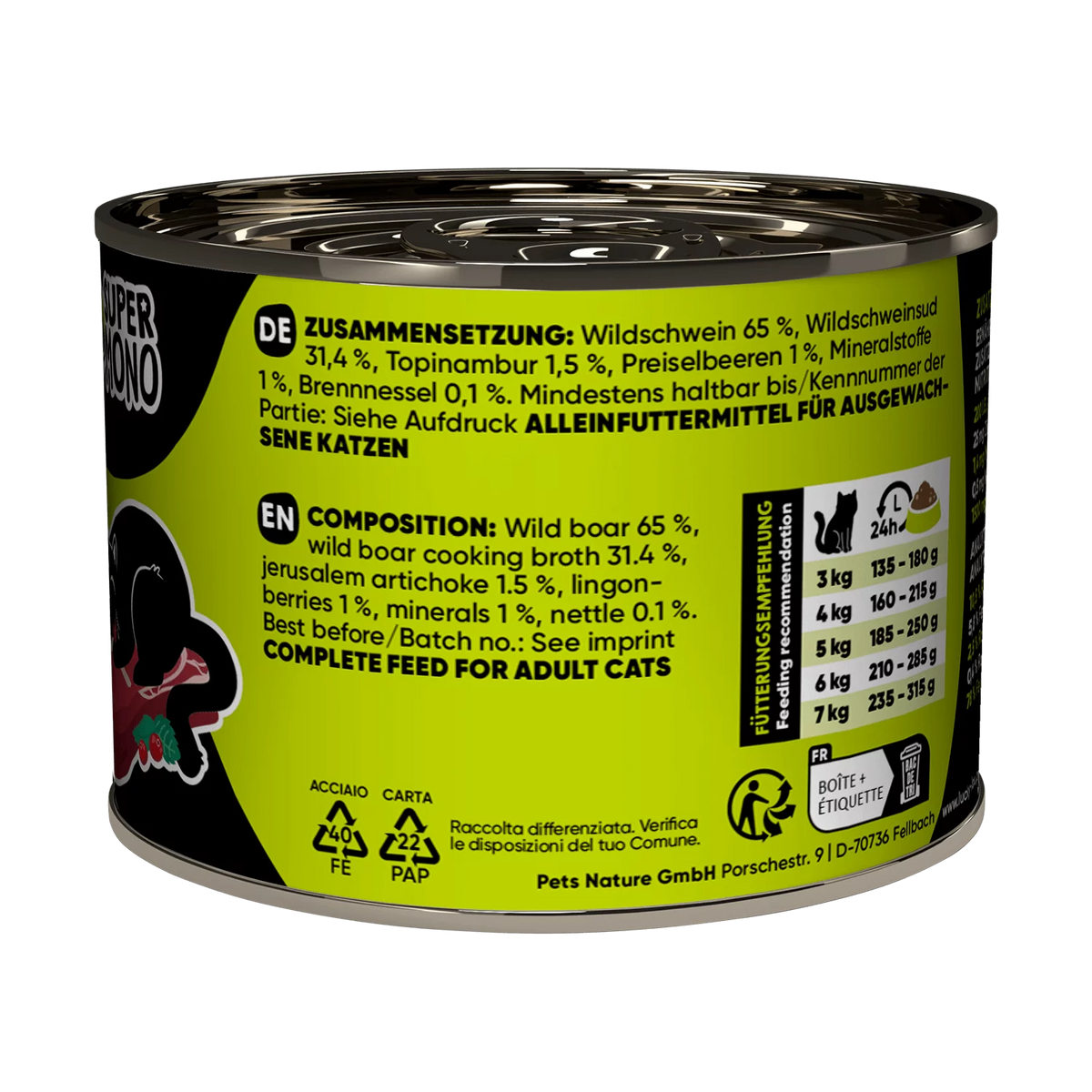 Lucky Lou SuperMono² Wild Boar Grain Free Adult беззърнена монопротеинова мокра храна за котки с 65% месо от Диво прасе и Суперхрани 200г
