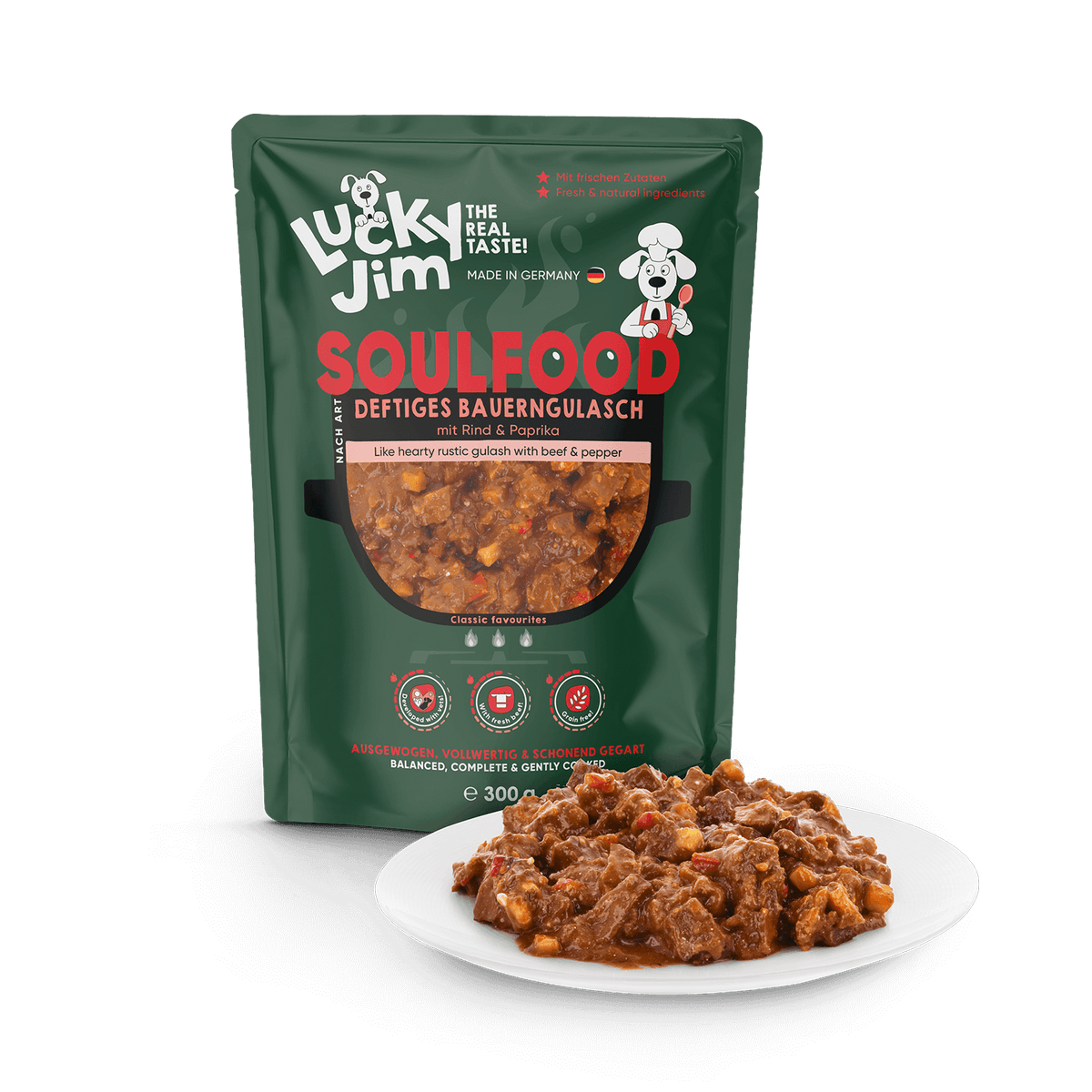 Lucky Jim Soulfood Grain Free Фермерски гулаш пауч за кучета без зърно с 50% Телешко месо и Зеленчуци 300г