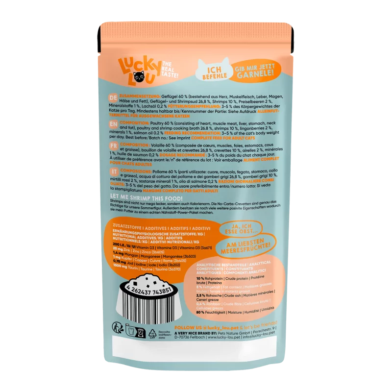 Lucky Lou Poultry & Shrimps Grain Free Adult храна за котки с Птиче месо, Скариди и Черни Боровинки 125г пауч