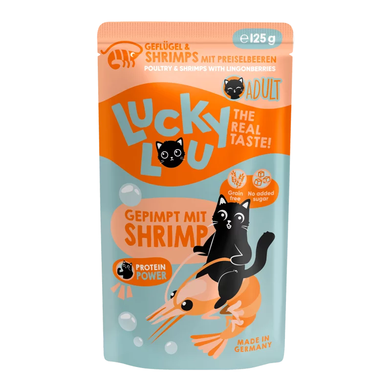 Lucky Lou Poultry & Shrimps Grain Free Adult храна за котки с Птиче месо, Скариди и Черни Боровинки 125г пауч