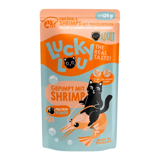Lucky Lou Poultry & Shrimps Grain Free Adult храна за котки с Птиче месо, Скариди и Черни Боровинки 125г пауч