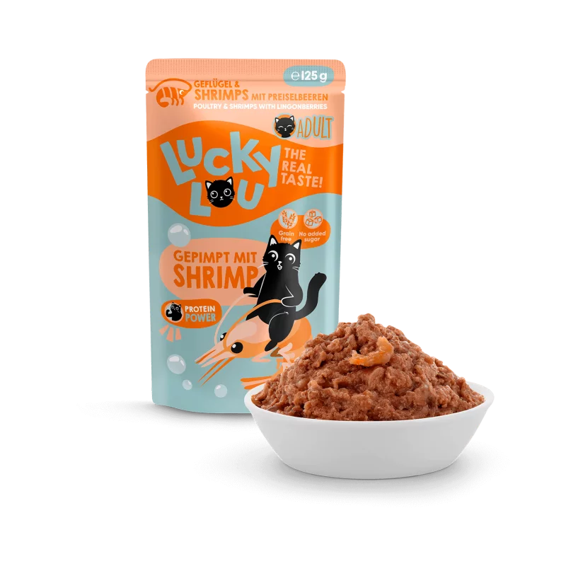 Lucky Lou Poultry & Shrimps Grain Free Adult храна за котки с Птиче месо, Скариди и Черни Боровинки 125г пауч