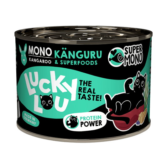 Lucky Lou SuperMono² Kangaroo Grain Free Adult беззърнена монопротеинова мокра храна за котки с 65% месо от Кенгуру и Суперхрани 200г