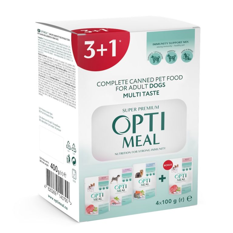 OptiMeal Multi Taste Adult мокра храна за кучета различни видове 3+1бр х 100г пауч