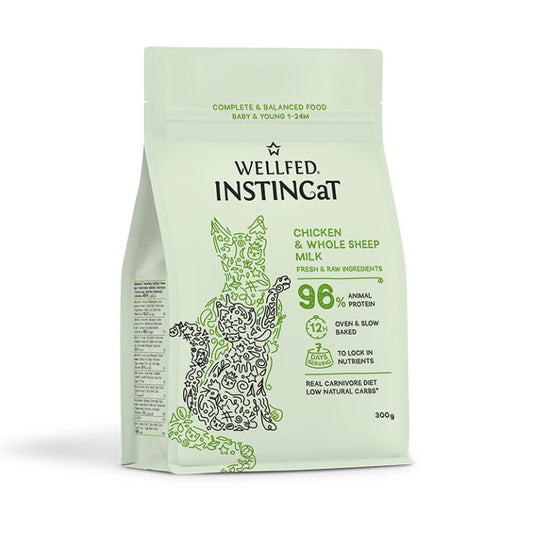 Wellfed InstinCaT Chicken & Whole Sheep Milk Baby & Young бавно изпечена на фурна храна за подрастващи и млади котки с Пилешко и Овче Мляко 300г